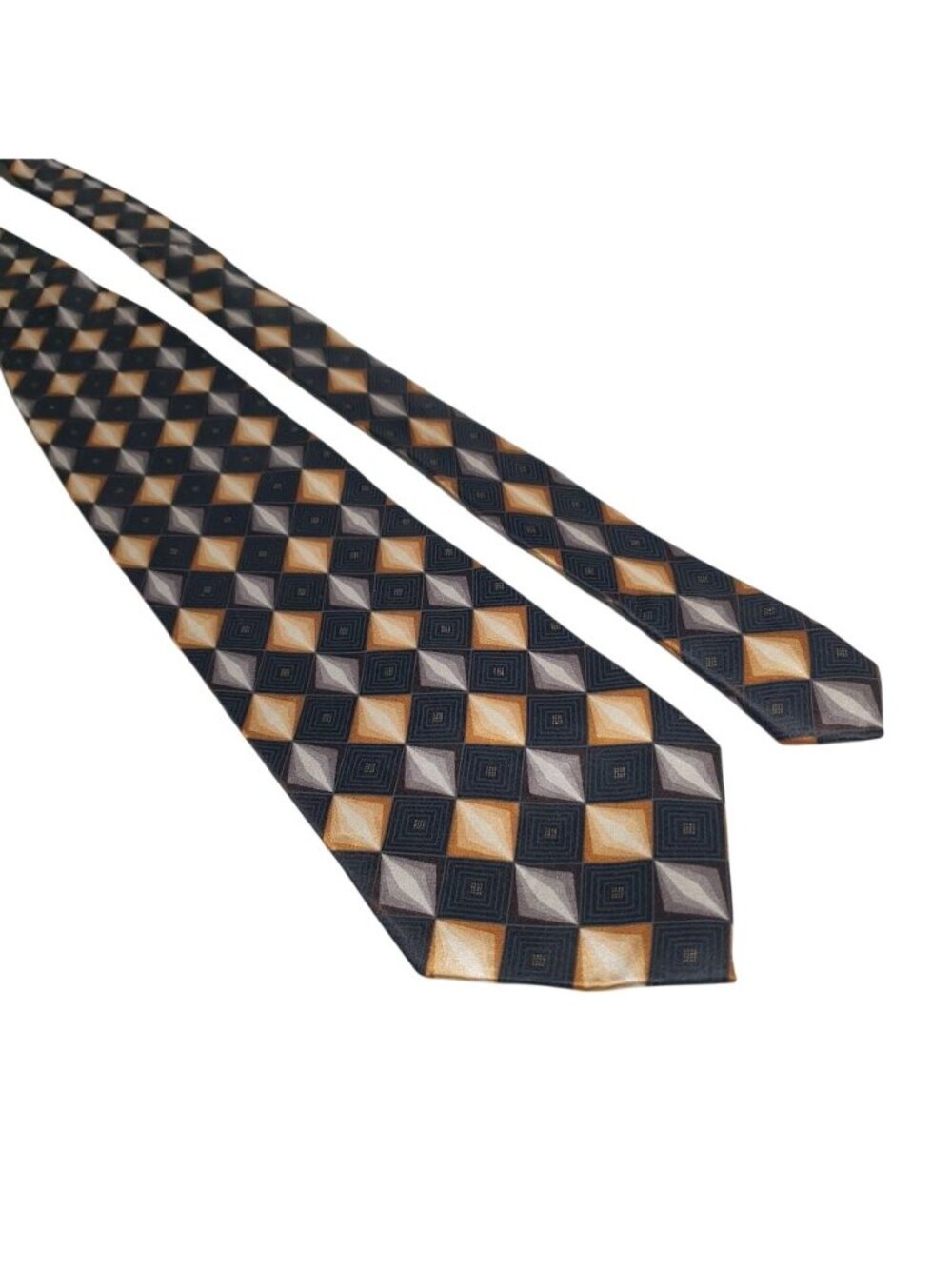 Croft Barrow Mens Silk Tie Geometric Diamond Pattern Black Gold Gray 58" x 3.75"
